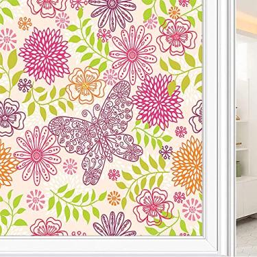 Imagem de Película de janela de privacidade de flores, textura de estilo floral, filme de vidro para sala de estar e escritório em casa, L90 x C 190 cm