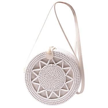 Imagem de SHAREYOIU Bolsas brancas feitas à mão com ombros de vime, natural, chique, estilo tropical de praia com alça de couro, Estrela, Big，7.87x 3.2 inch