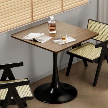Imagem de Mesa quadrada de nogueira tulipa para mesa de jantar pequena de 61 cm com base de pedestal de metal para cozinha, mesa moderna de meados do século com cantos redondos para sala de estar, café e