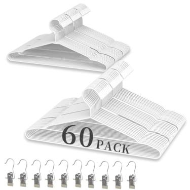 Imagem de Conjunto de cabides luxuosos com 60 + 10 clipes, cabides de metal branco fosco resistente de 42,5 cm, suporta 22,7 kg, acabamento liso revestido a pó, cabides compactos para camisa