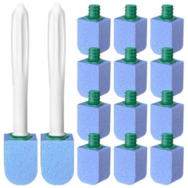 Imagem de Xuelimei Conjunto de 12 peças de pedra-pomes com 2 peças de escova de vaso sanitário de cabo longo, bloco de limpeza para banheiras, pia de cozinha, churrasqueira, azulejo. (azul)