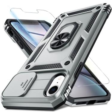 Imagem de Janmitta Capa para celular iPhone XR capa de lente de câmera deslizante embutida + protetor de tela, capa de telefone de corpo inteiro resistente à prova de choque com suporte de anel de dedo, prata