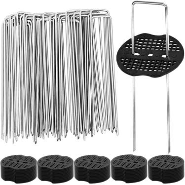 Imagem de Wopanxye Pacote com 50 estacas de chão em forma de U, estacas de jardim prateadas de 200 mm x 40 mm, ponta afiada, material galvanizado a quente, para tecido de paisagem, rede de guarda-sol, cercas