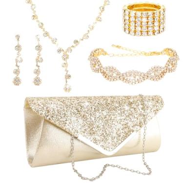Imagem de Conjunto de joias de ouro feminino, colar de strass brilhante, brincos, pulseiras, glitter, bolsa clutch acessórios dourados para mulheres, noiva, casamento, dama de honra, festa noturna, formatura