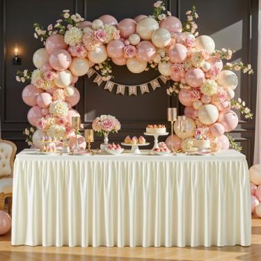 Imagem de Roupa de mesa de poliéster branco creme para mesas retangulares de 1,8 m, sem rugas, com saia de mesa plissada com babados para festa de aniversário, casamento, feira, evento, exibição