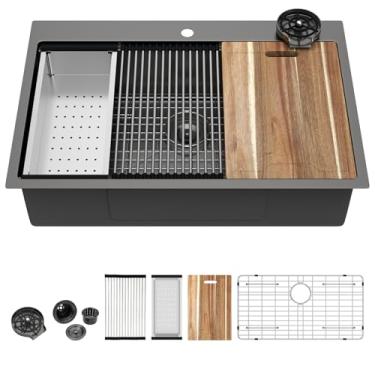 Imagem de Pia de cozinha preta 33 - Kichae 33 x 22 Drop In Kitchen Sink Workstation Gunmetal Black Nano Revestimento de aço inoxidável 304 calibre 16 com enxágue de vidro e tábua de corte