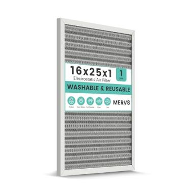 Imagem de Filtro de ar de forno HVAC 16 x 25 x 1, filtro de forno eletrostático lavável reutilizável, MERV 8, dura uma vida inteira, respira mais fresco, casa e escritório (tamanho real: 15,5 x 24,65 x 0,82
