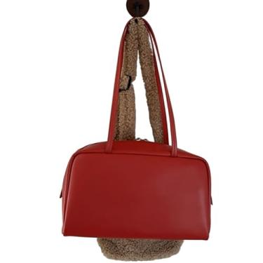 Imagem de Bolsa minimalista feita à mão, retrô, moderna, couro legítimo, boliche, bolsa de ombro de grande capacidade, Vermelho, 30*10*16CM
