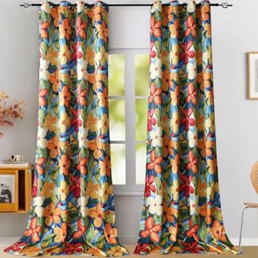 Imagem de Cortinas blackout florais amarelas vibrantes com 236 cm de comprimento com bloqueio de luz para escurecimento da sala de estar, cortinas coloridas com estampa de flores vivas com ilhós de amarração