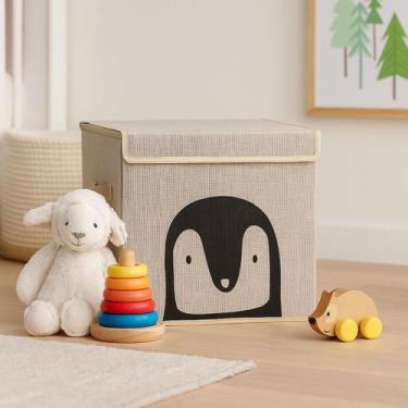 Imagem de Caixa Organizadora Infantil Brinquedos Linho Tampa Baú Okys, Pinguim