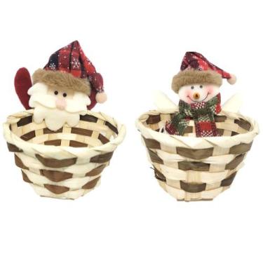 Imagem de Kit Cesto Natalino Palha de Bambu Decorado Papai Noel e Boneco de Neve