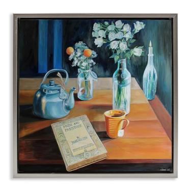 Imagem de Stupell Industries Teapot & Book Still Life Gray Framed Floater Canvas Wall Art Design por Violeta Vollmer, 63 x 63 cm