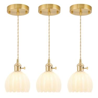 Imagem de Pacote com 3 mini luzes pendentes Kitchen Island, luminária pequena ajustável com abajur de vidro tulipa branco leite, iluminação pendente dourada vintage, luminária pendente para quarto, sala de