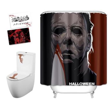 Imagem de feitengda Cortina de chuveiro decorativa de Halloween para Michael Myers - 182 x 182 cm, inclui 10 ganchos de plástico, adesivo de banheiro bônus e 2 cartões postais de Halloween - perfeita para