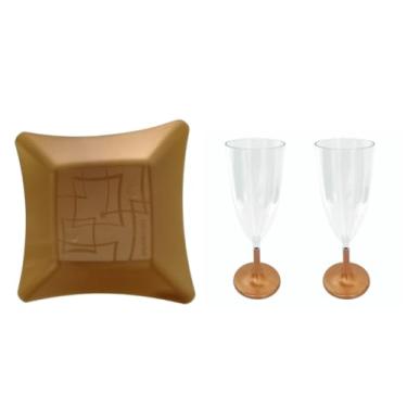 Imagem de Kit 20 Taças Para Espumante 140 Ml + 20 Pratos Refeição Dourados Descartáveis Resistentes Festa Natal