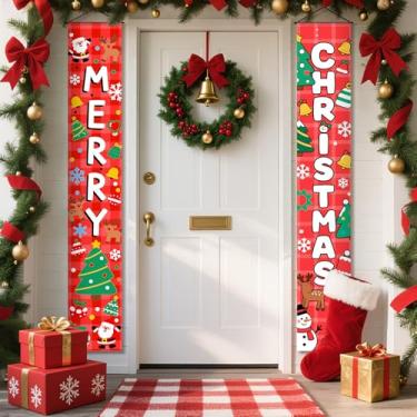 Imagem de Placa de alpendre de Natal, decoração de feliz Natal, banners de porta para pátio, decoração de Natal, inverno, feriado, sinalização de quintal (vermelho 5, 11,8 W" x 70,8L")