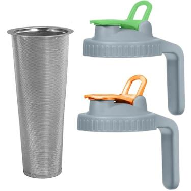 Imagem de Filtro de malha de aço inoxidável para coador de café - 2 litros - 2 tampas de tampa de boca larga com alça para pote de pedreiro, adequado para bebida fria, limonada, chá gelado e café gelado