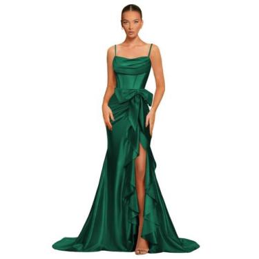 Imagem de Vestido de baile Dessiny verde escuro acetinado longo com fenda para m