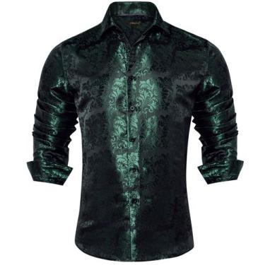 Imagem de Camisa masculina DiBangu de seda Paisley de manga comprida verde Hunte