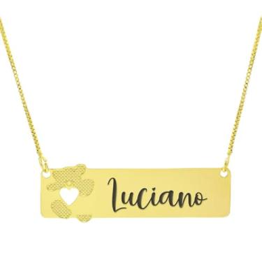 Imagem de Colar Personalizado Ursinho Coração Vazado Gravação Luciano Banhado Ouro 18K - 999012077