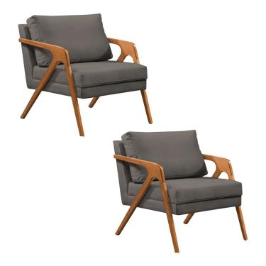 Imagem de Kit 2 Poltronas Mona Monique Luxo Base Madeira Maciça Cerejeira Veludo Grafite