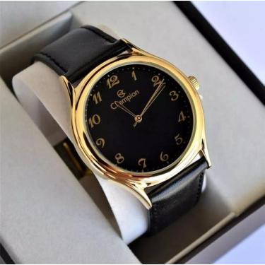 Imagem de Relogio Champion Masculino Dourado Couro Preto Numeros CN20024P
