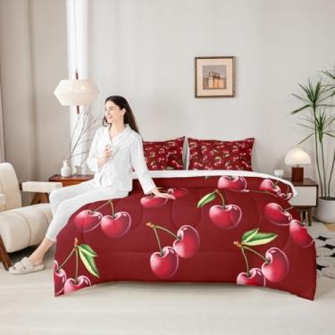 Imagem de Manfei Conjunto de cama Queen com estampa de desenho animado de cereja, frutas tropicais, verão, cereja, fofo, para meninas, patchwork geométrico, vermelho (edredom + lençol + 2 fronhas + 2 fronhas de