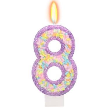 Imagem de ElekFX Vela de aniversário número 8 com granulados, topo de bolo arco-íris de unicórnio roxo pastel, decorações de festa Sweet Candyland para meninas e meninos 8 anos