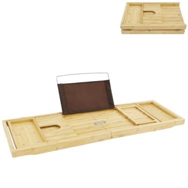 Imagem de ZJMCAJY Bandeja de bambu para banheiro, expansível para livros, tablets, taças de vinho, bandeja de banheira dobrável, bandeja de mesa de banho de madeira resistente com laterais expansíveis para
