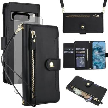 Imagem de Asuwish Capa de celular para Google Pixel 8 Pro 5G com zíper carteira, com protetor de tela de vidro temperado e alça transversal, suporte para cartão de crédito Pixel8Pro Pixel8 XL Eight 8Pro