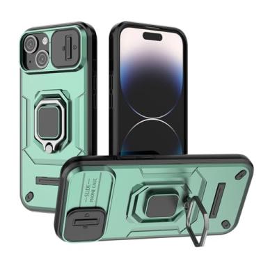 Imagem de SORAKA Capa para iPhone 15 com suporte de anel e capa de câmera deslizante para iPhone 15 com placa de metal para suporte magnético de carro, capa protetora de camada dupla em policarbonato rígido e