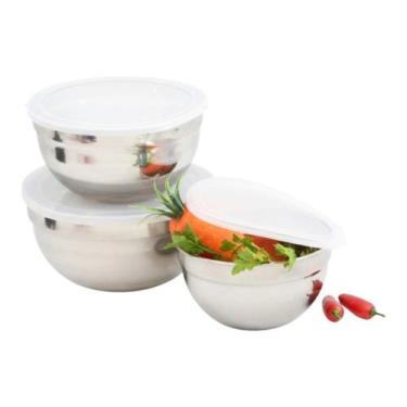 Imagem de Conjunto 3 Potes Aço Inox Com Tampa Plástica Bowls Tigelas Prateado - 