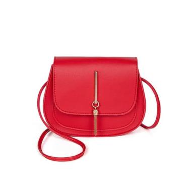 Imagem de Nova borla dourada camada dupla semi círculo cor sólida um ombro selim bolsa moda casual feminina pequena, Vermelho