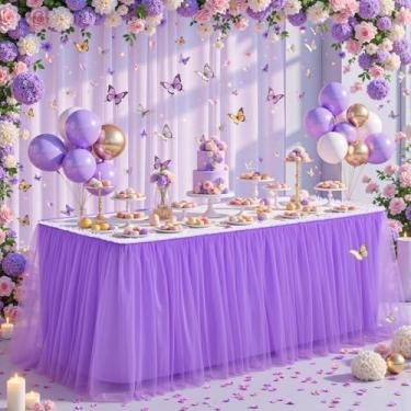 Imagem de Saia de mesa de tule roxa de 1,8 m de comprimento para mesas retangulares de 2 camadas de babados tule tutu pano saia de mesa para chá de bebê, menina, festa de aniversário, casamento, decoração de