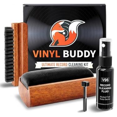 Imagem de Vinyl Buddy O melhor kit de limpeza de discos de vinil de 5 peças | com pincéis de madeira real – Inclui: Escova de veludo profissional, escova de microfibra e limpador de agulha – limpa, protege e