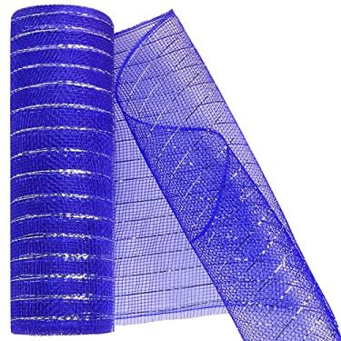 Imagem de MIKIMIQI Fita de malha de poliéster Deco Mesh de 25,4 cm x 9,4 m com folha metálica de malha decorativa para guirlandas de primavera, grinaldas, artesanato, decoração de festa (azul royal)