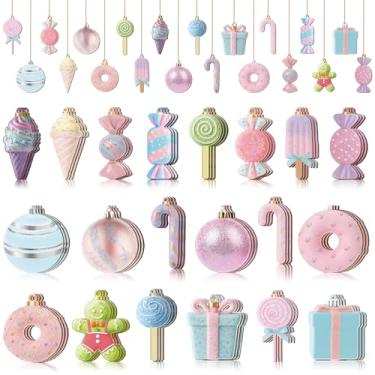 Imagem de Macarrie 60 peças de enfeites de doces de Natal para enfeites de árvore de Natal, pirulito, decorações de madeira, recortes de menta de Natal (estilo pastel, rosa, azul, verde)