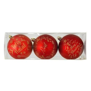 Imagem de Kit 3 Bolas Natal Vermelho Fosco Decoradas Mensagens Dourado 8cm - Magizi