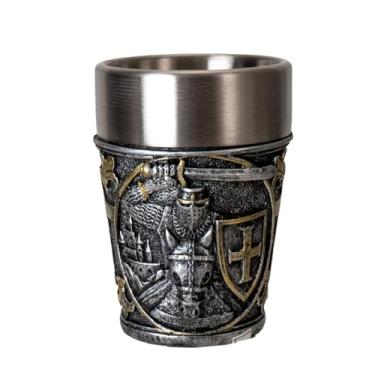 Imagem de Pacific Giftware Copo de shot de cavaleiro medieval prata metálico com design de armadura intrincada e copo interno de aço inoxidável perfeito para festas de bar ou presente colecionável exclusivo de