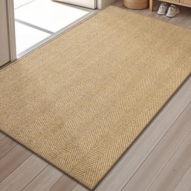 Imagem de LUMI Tapete de porta de sisal tecido à mão, tapete de entrada durável antiderrapante, capacho frontal de boas-vindas, tapetes sólidos para entrada, 91 cm x 152 cm, sisal de espinha de peixe