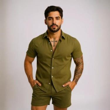 Imagem de Conjunto Masculino Camisa Linho Bermuda Linho - Volgue, Verde militar,