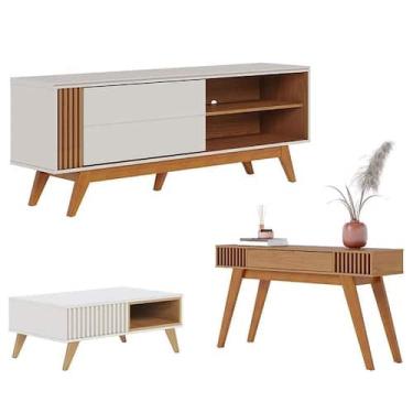 Imagem de Rack Bancada Otawa com Mesa de Centro Jeri Off White Freijó e Aparador
