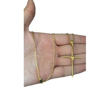 Imagem de Cordão Tijolinho 1mm + Pingente Cruz Fio - Banhado A Ouro - ToJoia18k