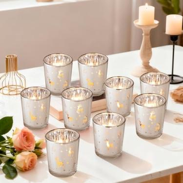 Imagem de BPFY Pacote com 12 castiçais votivos prateados para o Natal, suportes de vela de vidro mercúrio de 5 x 6 cm com recortes de floco de neve e rena | Decorações de férias, casamento de inverno e mesa de