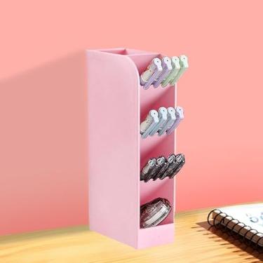 Imagem de Porta-lápis com inserção inclinada para vários compartimentos para armazenamento e organização de materiais de escritório de mesa - grande, rosa