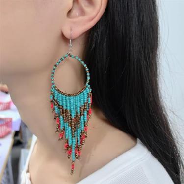 Imagem de Brincos femininos com franja longa com pingente boho com contas de bola boho com corrente de argola e franja de gancho pendurado, lustre tribal, joia exagerada para apanhar sonhos, Large, Metal, Sem