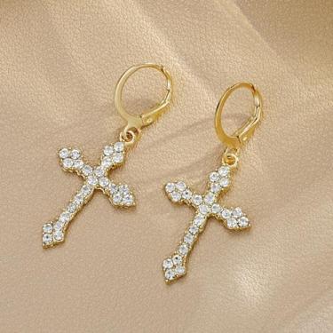 Imagem de 1 par de brincos requintados com pingente de cruz, joias femininas banhadas, presente para namoro, casamento, brincos de argola para aniversário