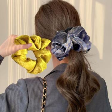 Imagem de Pacote com 2 laços de cabelo decorativos com glitter, elásticos de cetim para mulheres, macios que seda para cabelos, gravatas modernas e faixas para penteados grossos (azul marinho, amarelo)