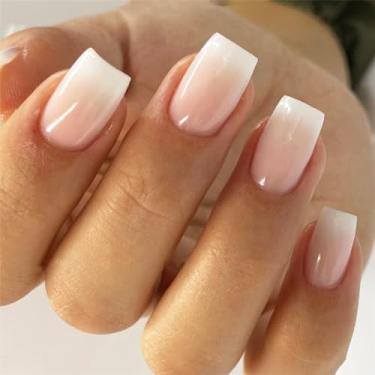 Imagem de Kit de unhas rosa e branco gradiente com cola falsa quadrada curta com design gradiente para mulheres, cobertura total, acrílico artificial, bastão falso para uso diário, casamento, 24 peças