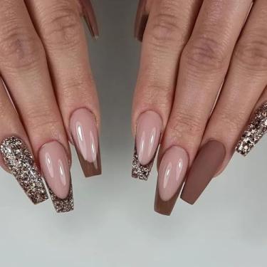 Imagem de Brown Press on Nails Kit Caixão Longo Francês Unhas Falsas com Design Glitter Cola em Gel nas Unhas para Mulheres Cobertura Completa Acrílico Falso Stick on Nail Manicure para Casamento 24 Peças